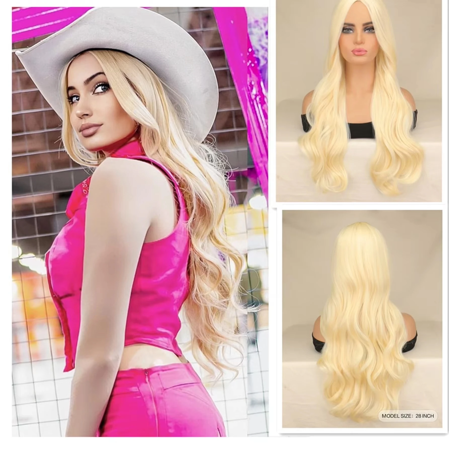 Color: T1B/33/27 - Blonde synthetic wig with straight bangs Ladies Cosplay wig High temperature silk wig set with big waves and long curly hair