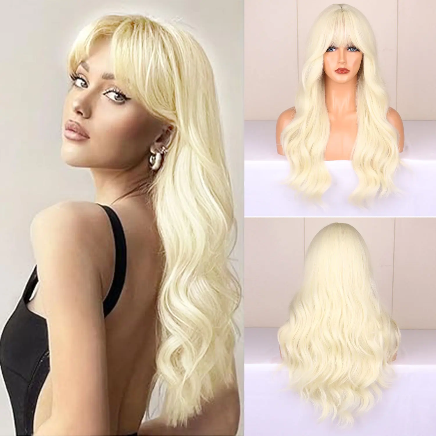 Color: T1B/33/27 - Blonde synthetic wig with straight bangs Ladies Cosplay wig High temperature silk wig set with big waves and long curly hair