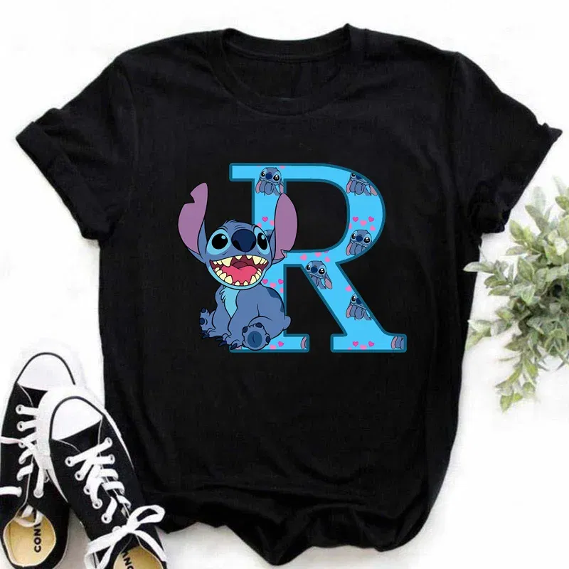 Color: Yellow, Size: S - Disney Lilo&Stitch A-Z Alphabet Summer Women's Printed T-Shirt Women's Casual Tops T-Shirt Fashion Cartoon Plus Size T-Shirt