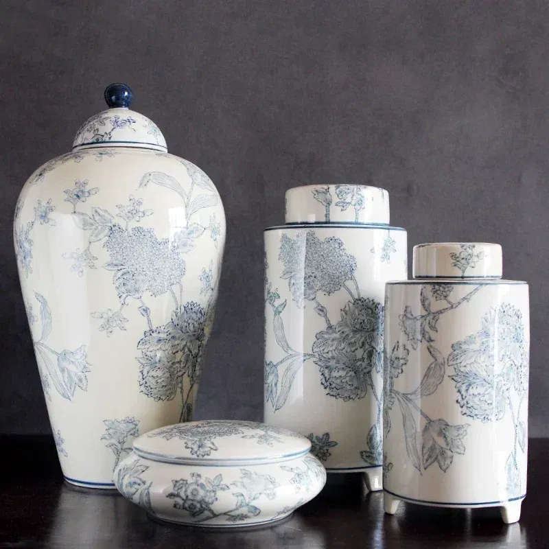 Color: Beige - Jingdezhen-Antique Ceramics Vases Blue and White Porcelain Ornaments Flower Arrangement, Zen Style, Modern, Handmade Production