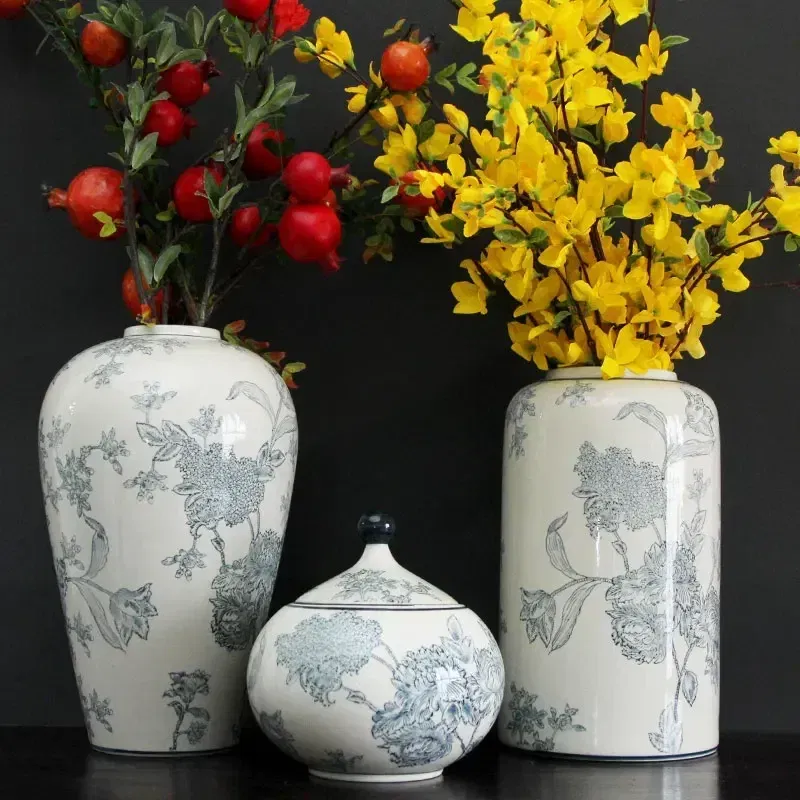 Color: Beige - Jingdezhen-Antique Ceramics Vases Blue and White Porcelain Ornaments Flower Arrangement, Zen Style, Modern, Handmade Production