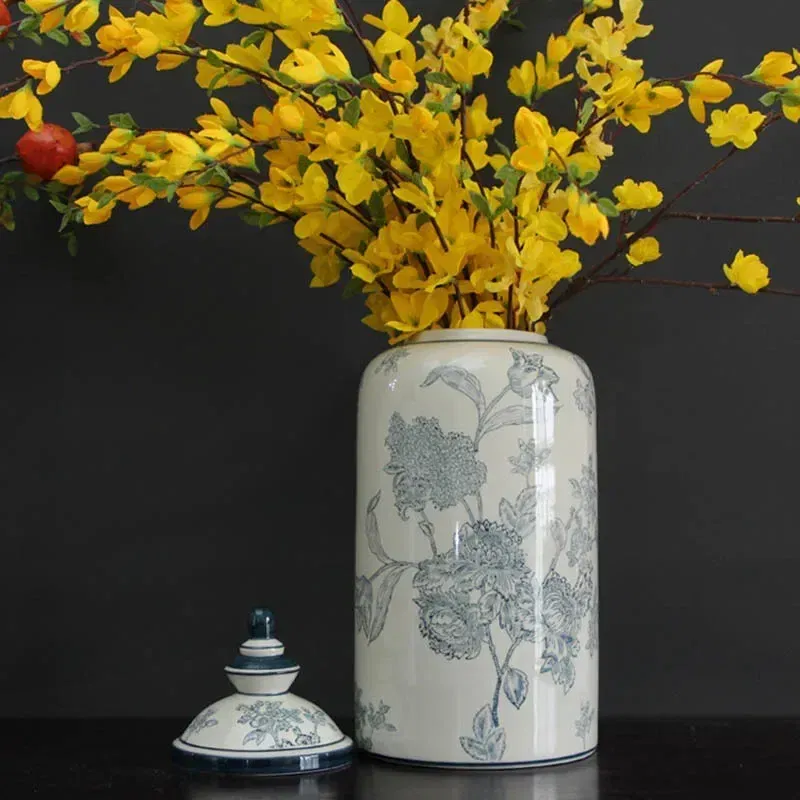 Color: Beige - Jingdezhen-Antique Ceramics Vases Blue and White Porcelain Ornaments Flower Arrangement, Zen Style, Modern, Handmade Production