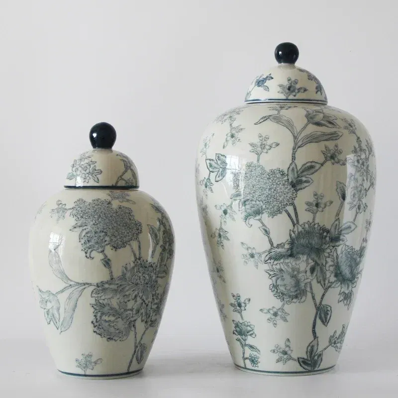 Color: Beige - Jingdezhen-Antique Ceramics Vases Blue and White Porcelain Ornaments Flower Arrangement, Zen Style, Modern, Handmade Production