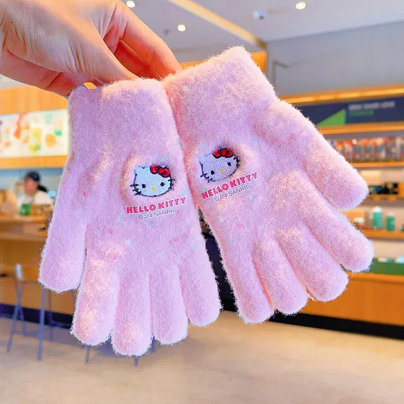 Color: black - Sanrio Gloves Kawaii My Melody Kuromi Cold-Proof Winter Finger Gloves Plush Screen Touch Warm Children Toddler Christmas Gifts