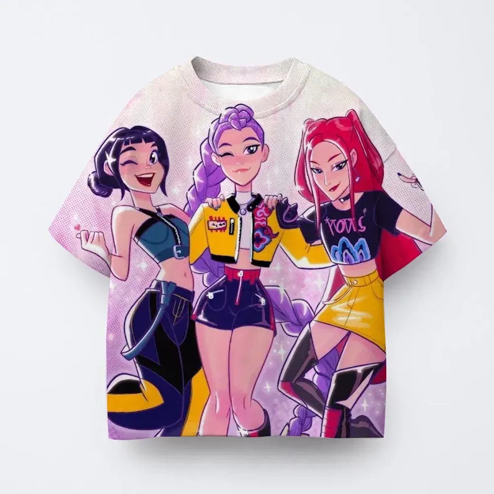 Color: SKY BLUE, Kid Size: 7 - Toddler Girl Clothes Kpop Demon Hunters Cartoon Tee Shirt Funny Gift for Fans Harajuku Cool Kids T-shirts Cotton Summer Tops