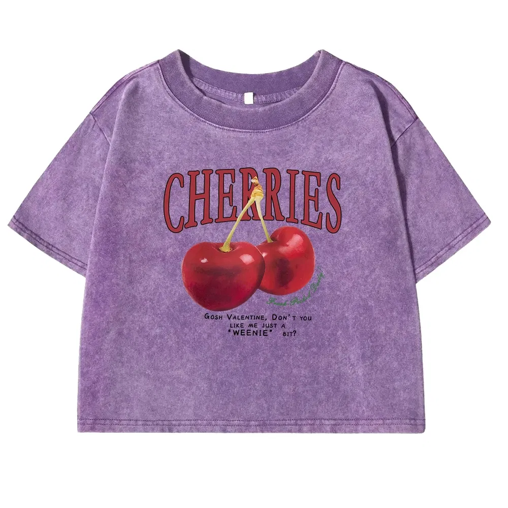 Color: Brown, Size: L - Red Cherries Letter Printed Female T-shirt Fashion Summer Washed Clothing Casual Cotton Crop Top Retro Tee Shirts For Women