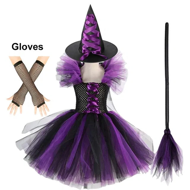 Color: WHITE, Kid Size: 2T - Halloween Witch Tutu Dress for Girls Handmade Mesh Bat Wizard Cosplay Costumes with Hat Broom Toddler Evil Party Clothes Set