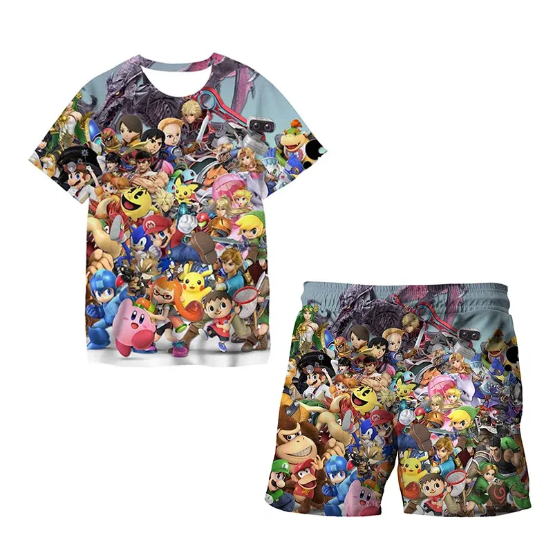 Color: PURPLE, Size: 12cm - New Japanese cartoon Sonic T-shirt children's top T-shirt shorts two-piece set summer boy cartoon cute T-shirt+beach pants