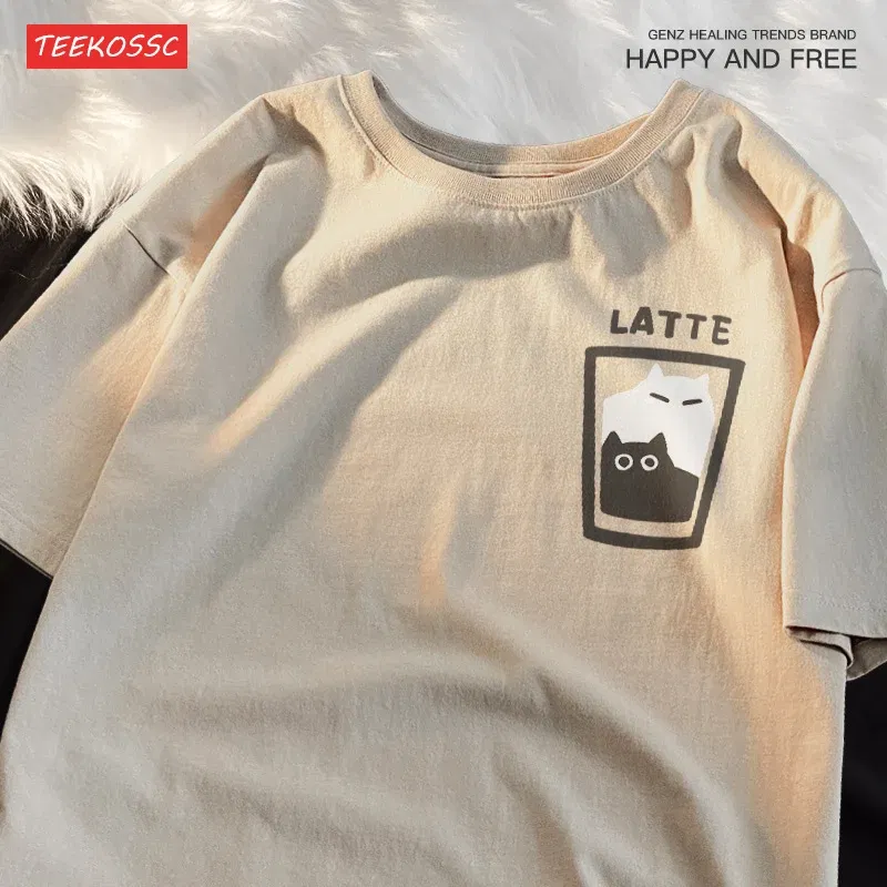 Color: Gold, Size: L - Mocha Latte Couple Outfit Cat Coffee Couple Male T-Shirts Graphic Cool Tee Shirt High-Quality Oversized Tshirt Comfort Soft