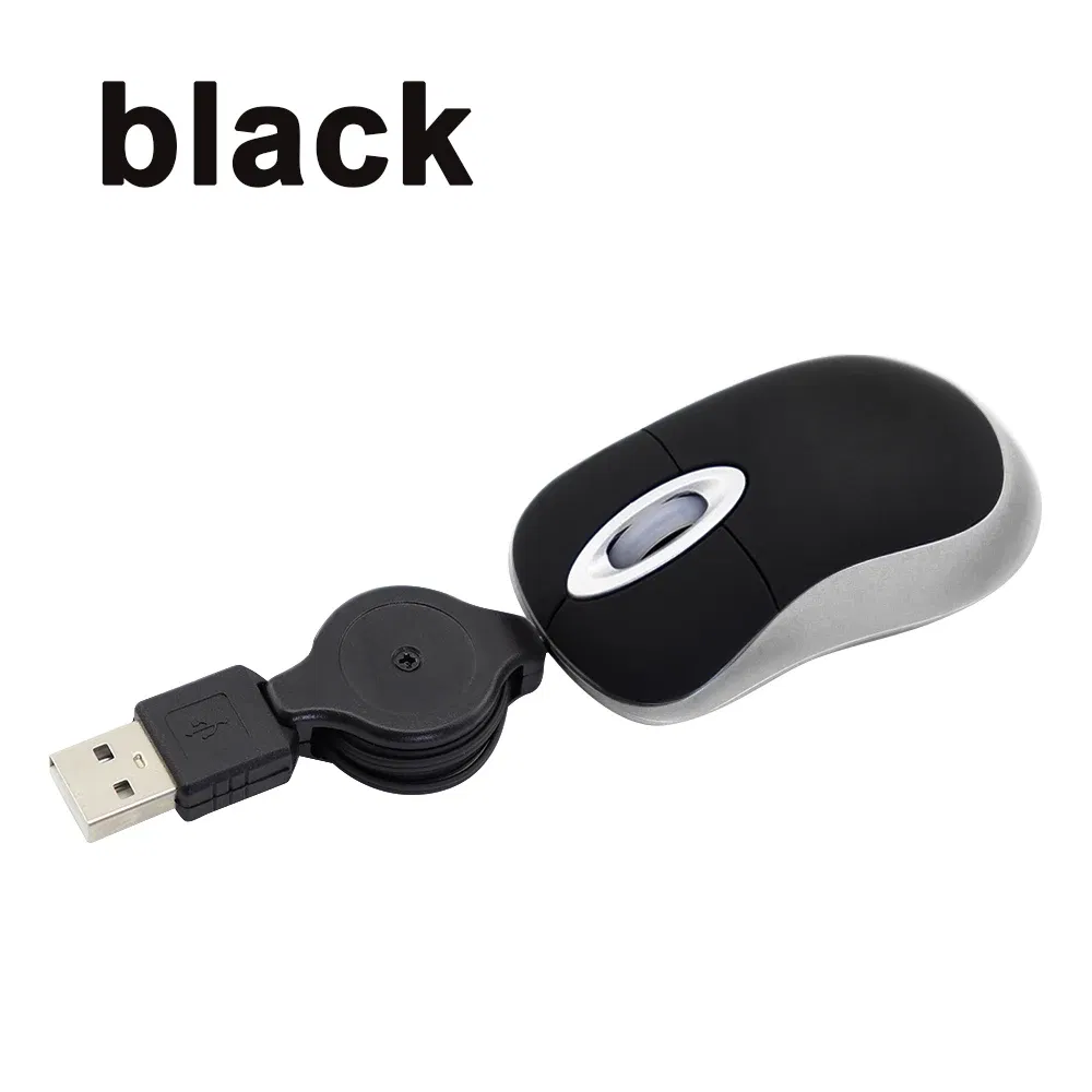 Color: black - Mini Portable Wired Mouse Retractable USB Cable Ergonomic Mause Anti Winding Office Computer Mice Retractable Adjustable Mice