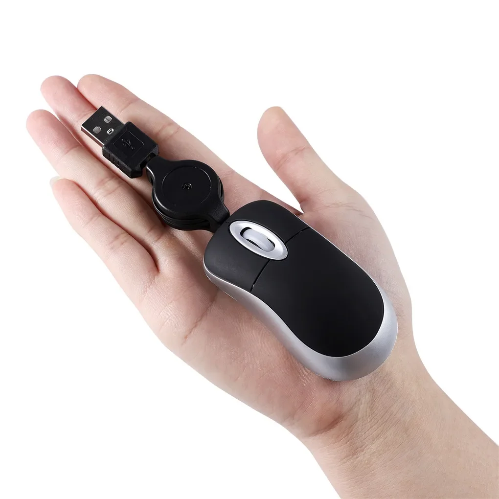 Color: black - Mini Portable Wired Mouse Retractable USB Cable Ergonomic Mause Anti Winding Office Computer Mice Retractable Adjustable Mice