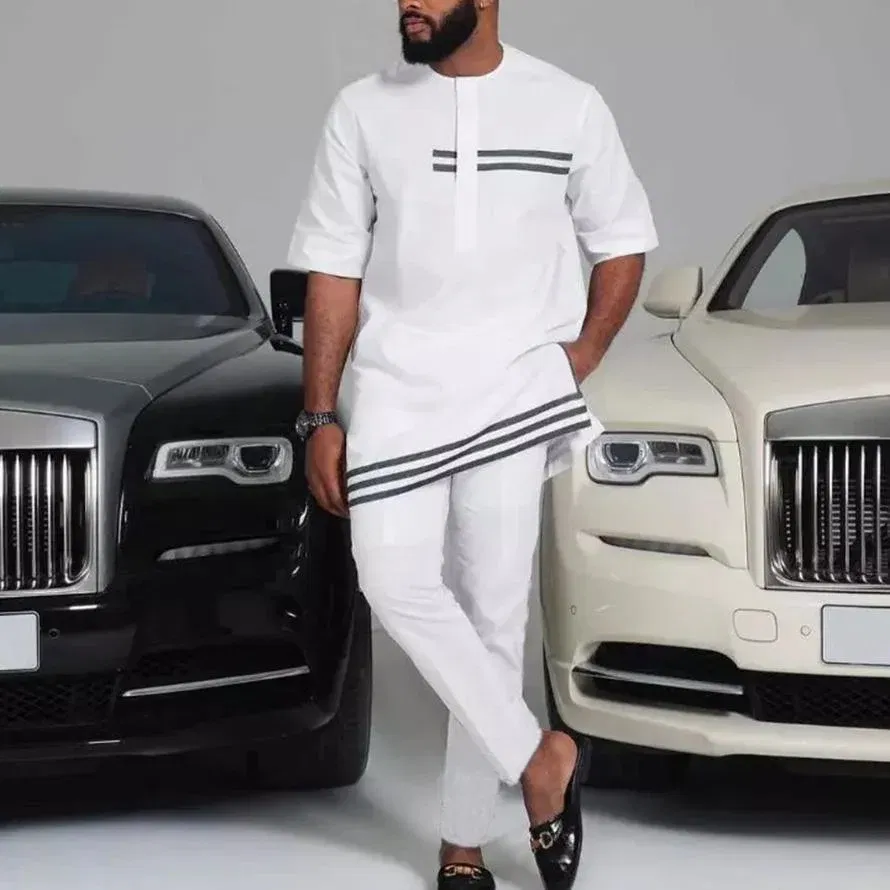 Color: Mint, Size: XL - 2025 New men's suit, white pocket, 2-piece set, luxury wedding casual suit, traditional African style of ethnic minorities