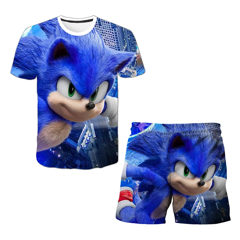 Color: army green, Size: 12" - New Japanese cartoon Sonic T-shirt children's top T-shirt shorts two-piece set summer boy cartoon cute T-shirt+beach pants