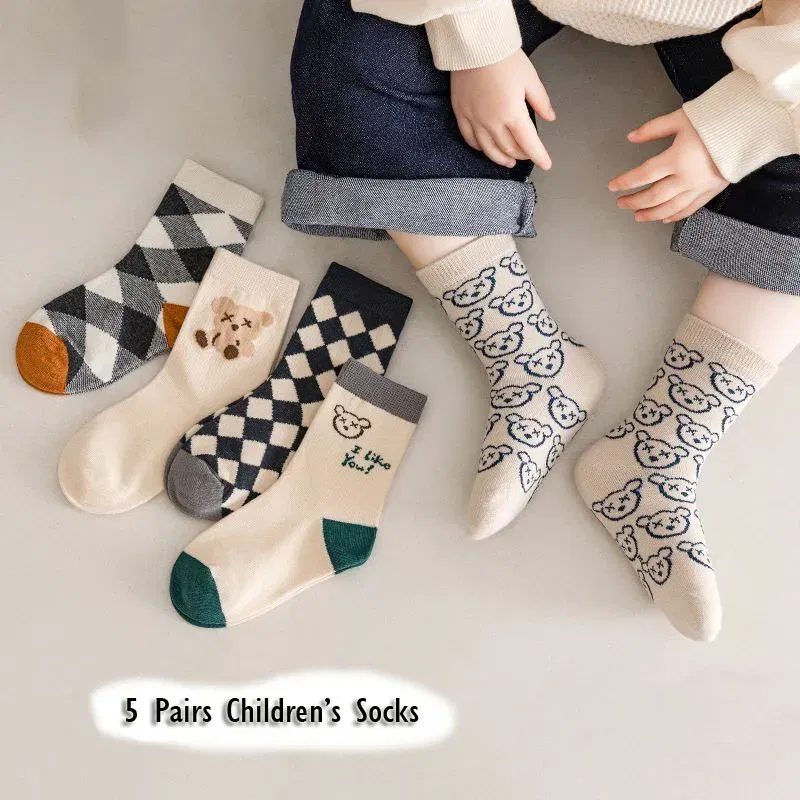 Color: SKY BLUE, Size: 7-9T - 1-14T Kids' Socks Spring Autumn Cotton Socks 5 Pairs/lot Soft Cotton Socks Calf Socks Little Big Boys Crew Sock