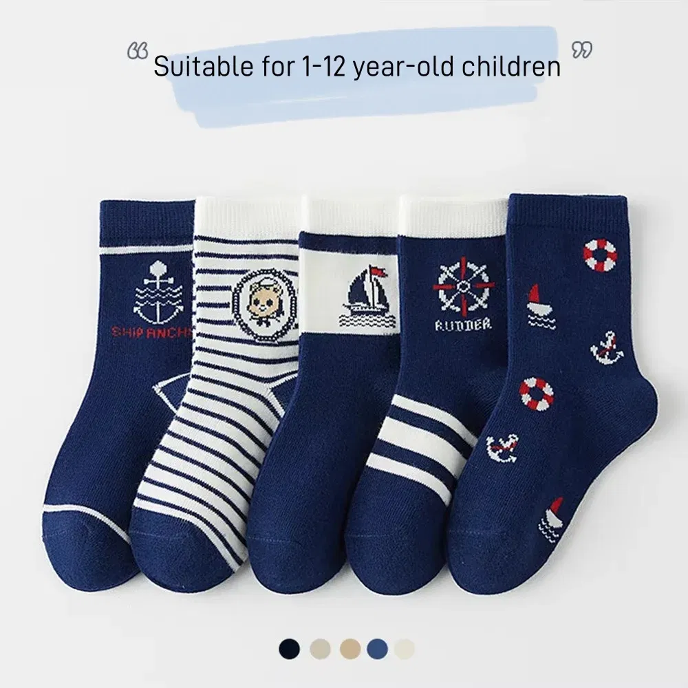 Color: SKY BLUE, Size: 7-9T - 1-14T Kids' Socks Spring Autumn Cotton Socks 5 Pairs/lot Soft Cotton Socks Calf Socks Little Big Boys Crew Sock