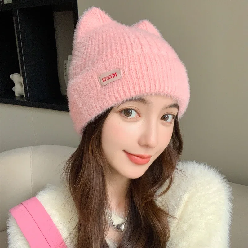 Color: Dark Grey, Size: One Size - New Women Cute Cat Ear Earflap Winter Hat Fashion Faux Fur Knitted Hat Kpop Style Soft Beanie Hats Candy Female Streetwear Cap
