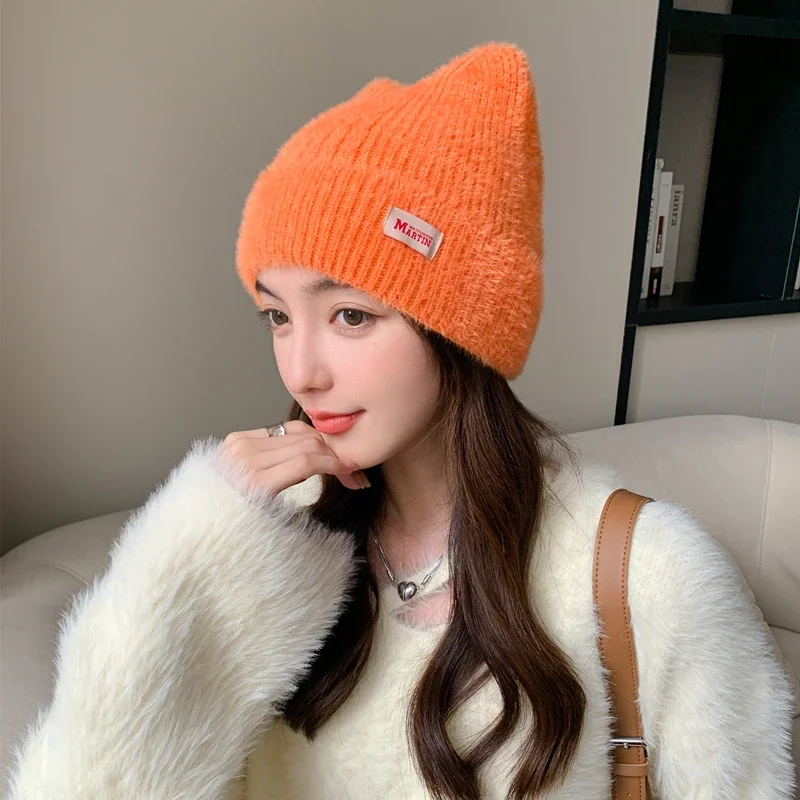 Color: Dark Grey, Size: One Size - New Women Cute Cat Ear Earflap Winter Hat Fashion Faux Fur Knitted Hat Kpop Style Soft Beanie Hats Candy Female Streetwear Cap