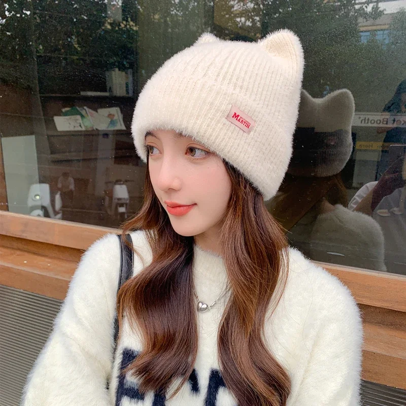 Color: Dark Grey, Size: One Size - New Women Cute Cat Ear Earflap Winter Hat Fashion Faux Fur Knitted Hat Kpop Style Soft Beanie Hats Candy Female Streetwear Cap