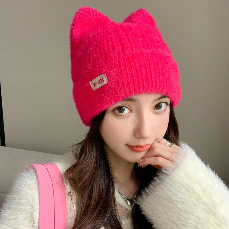 Color: Dark Grey, Size: One Size - New Women Cute Cat Ear Earflap Winter Hat Fashion Faux Fur Knitted Hat Kpop Style Soft Beanie Hats Candy Female Streetwear Cap