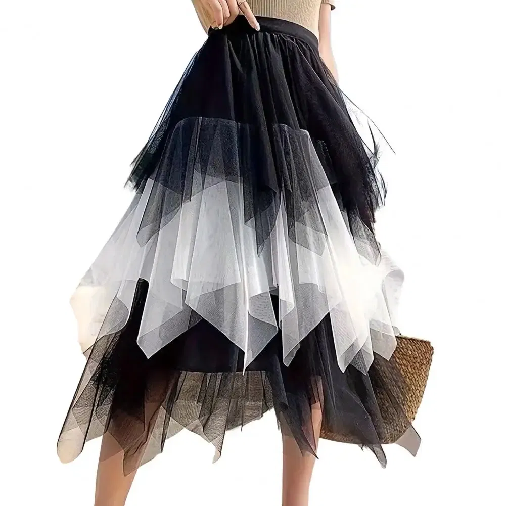 Color: Red, Size: XL - 2025 Irregular Mesh Women Skirt High Elastic Waist Colorful Mesh Multi-layered Soft Mid-calf Length Pleated Women Midi Skirt