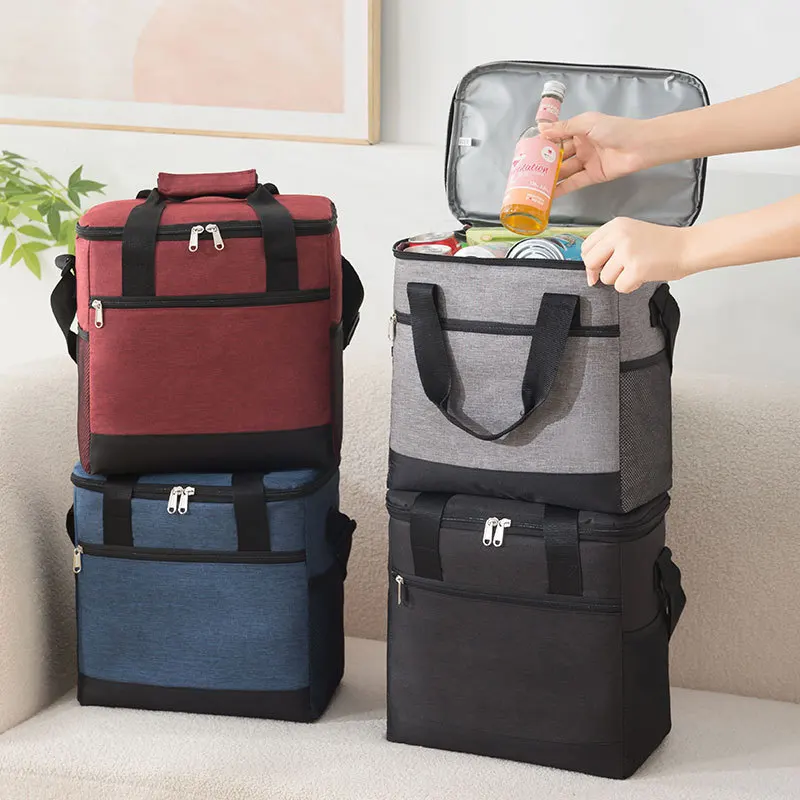 Color: Red - Large Capacity Tote Bento Insulated Lunch Bag Picnic Food Lunch Box Storage Ice Cooler Thermal Bag Portable Fridge Thermal Bag