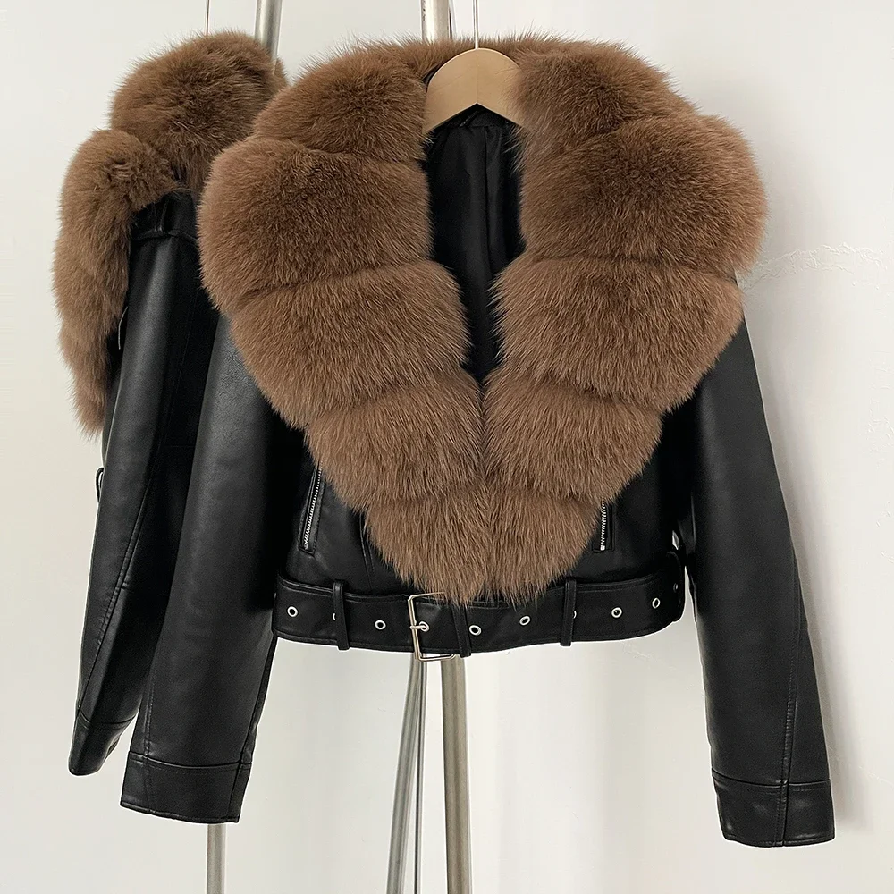 Color: Beige, Size: XS - Fake Leather Coat New Natural Fox Fur Autumn Short Faux Leather Jacket Female Spring PU Women Long Sleeve Real Fur Coat Thin