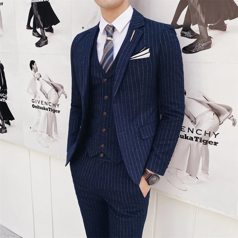 Color: WHITE, Size: L - Gray Men Classic Striped/Checked Suits, Business Office 3 Piece, Asian Size Slim Fit Men Dress Jacket & Pants with Vest, S-4XL