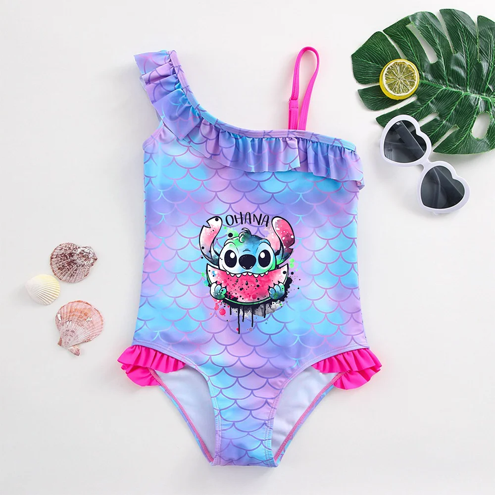 Color: black, Size: S - Stitch Girls Swimsuit Fashion Mermaid Fish Scale One-Piece Bathing Suits Children's Dresses Summer Swimwear Beach Suit Kids Wear