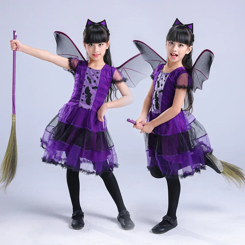 Kid Size: 9, Color: Khaki - Halloween Children Purple Vampire Costume Girls Dress Kids Clothes Baby Bat Spider Party Cosplay Headband +Wing Outfit