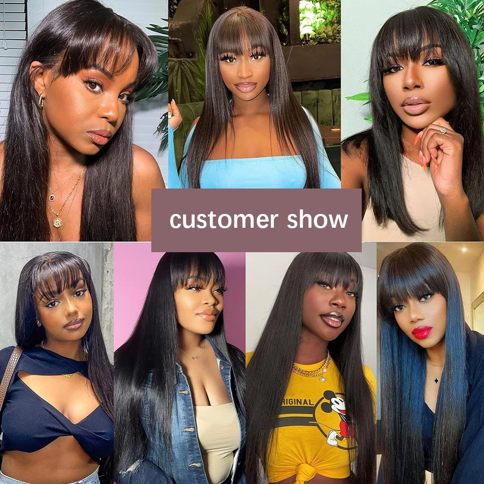 Stretched Length: 20inches, Hair Color: #1, Density: 180%, Ships From: CHINA - Wiggogo 3X1 Middle Part Lace Wig Bone Straight Human Hair Wig With Bangs Full Machine Made Straight Human Hair Wigs For Women