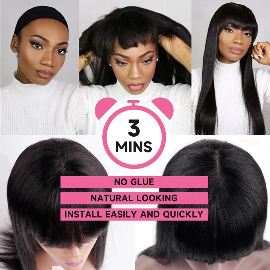 Stretched Length: 20inches, Hair Color: #1, Density: 180%, Ships From: CHINA - Wiggogo 3X1 Middle Part Lace Wig Bone Straight Human Hair Wig With Bangs Full Machine Made Straight Human Hair Wigs For Women