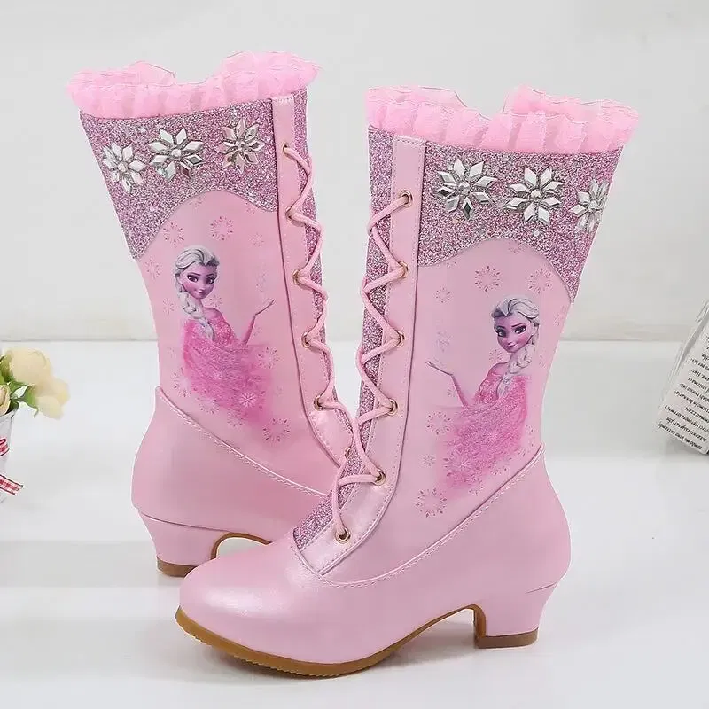 Color: Pink, Shoe Size: 13 - Disney Girls' Leather Boots Winter Frozen Boots Side Zipper High Plush Princess Elsa Boots Warm Children's Boots Size 27-37