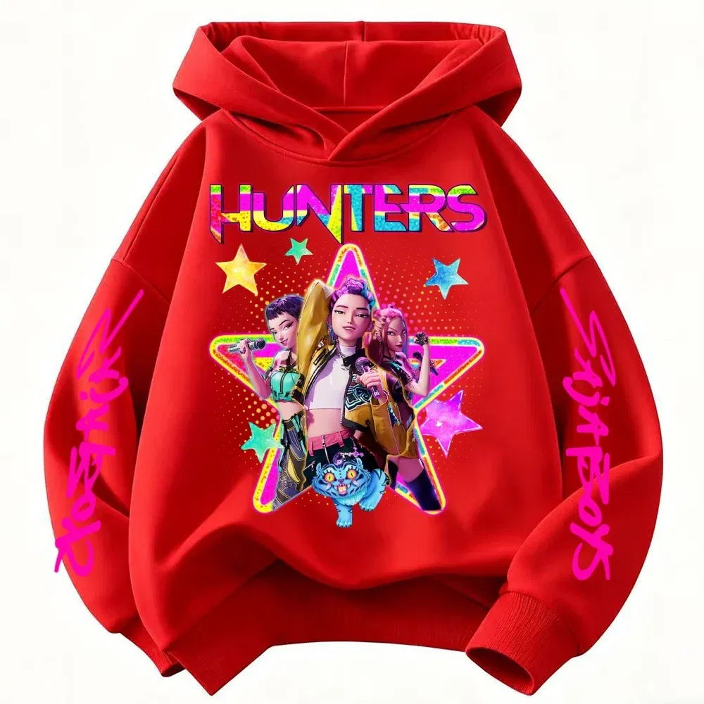 Color: Red, Kid Size: 4 - KPop Demon Hunters Huntrix Girls Sweatshirts Spring Fall Boys Children Hoodies Long Sleeves T-shirt Jacket Toddler Kids Clothes