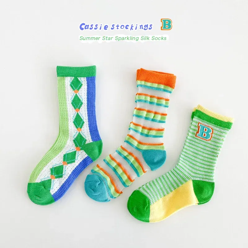 Color: Gold, Size: 7-9T - Boys Summer Socks Girls Thin Socks Trendy Pattern Crew Socks Children Socks 3 Pairs