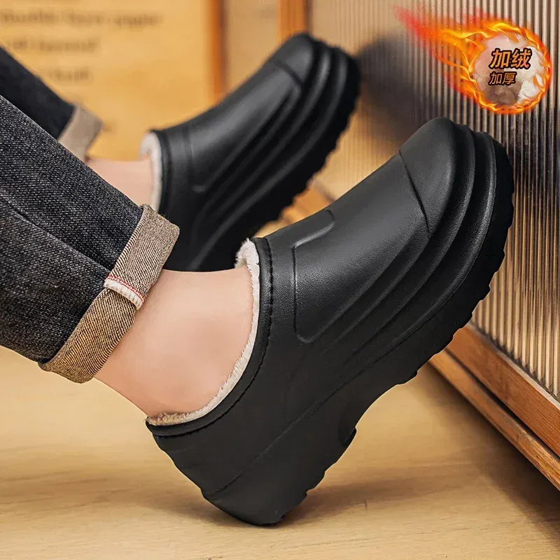 Color: Beige, Shoe Size: 39 - Eva Men's Chef Slippers Winter Slipper for Men Home Cotton Shoes Water Proof Anti-slip Keep Warm Height-increasing New Arrival