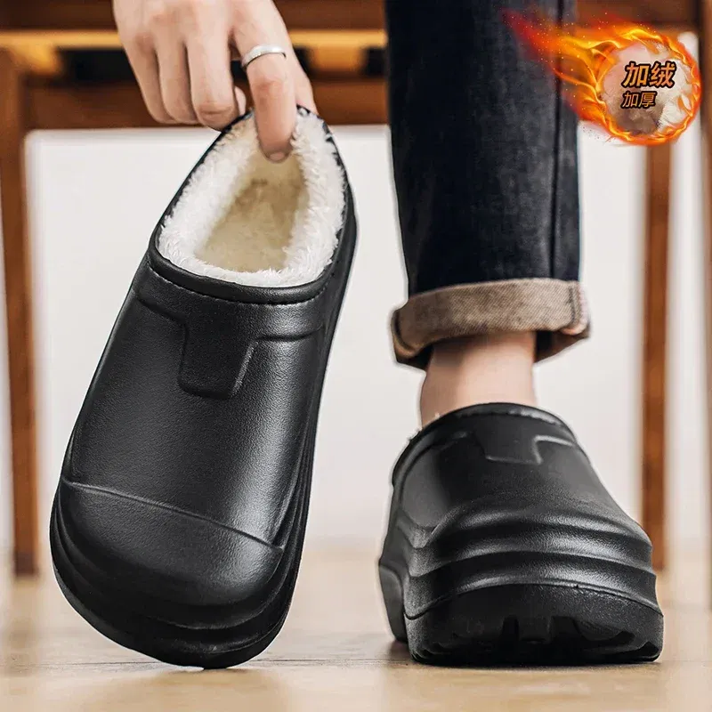 Color: Beige, Shoe Size: 39 - Eva Men's Chef Slippers Winter Slipper for Men Home Cotton Shoes Water Proof Anti-slip Keep Warm Height-increasing New Arrival