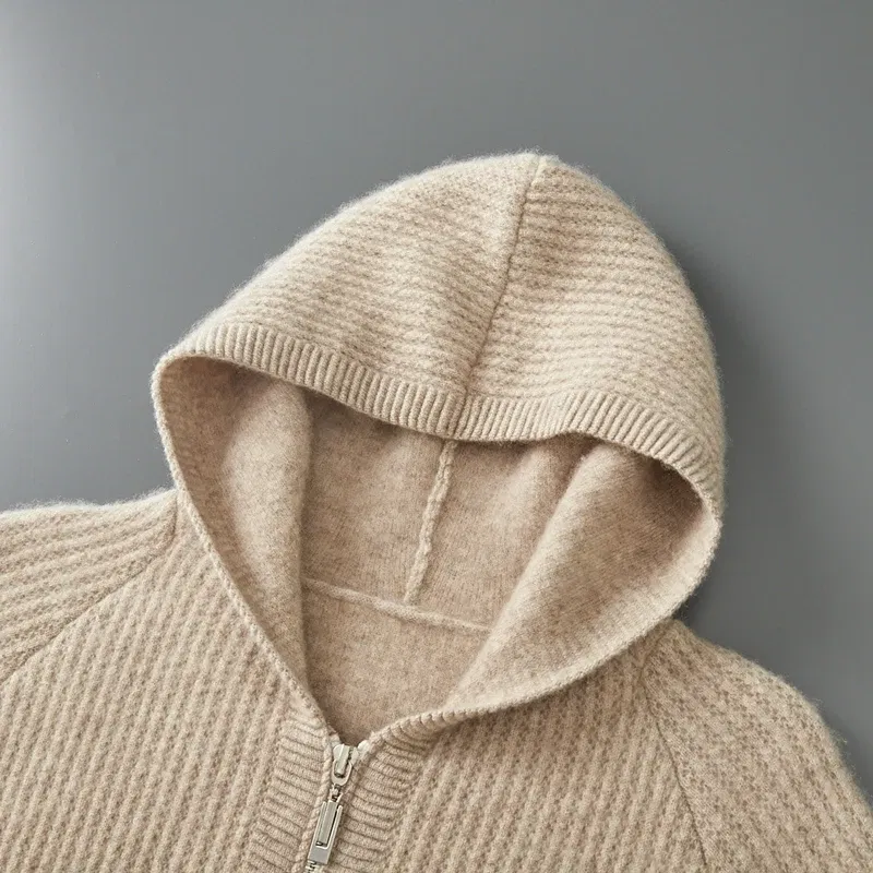 Color: Blue, Size: XXL, Ships From: CHINA - New Product 100% Merino Wool Knitted Cardigan For Men Hooded Sweater Casual High-end Jacket Men's long Sleeved Wool Sweater Coat