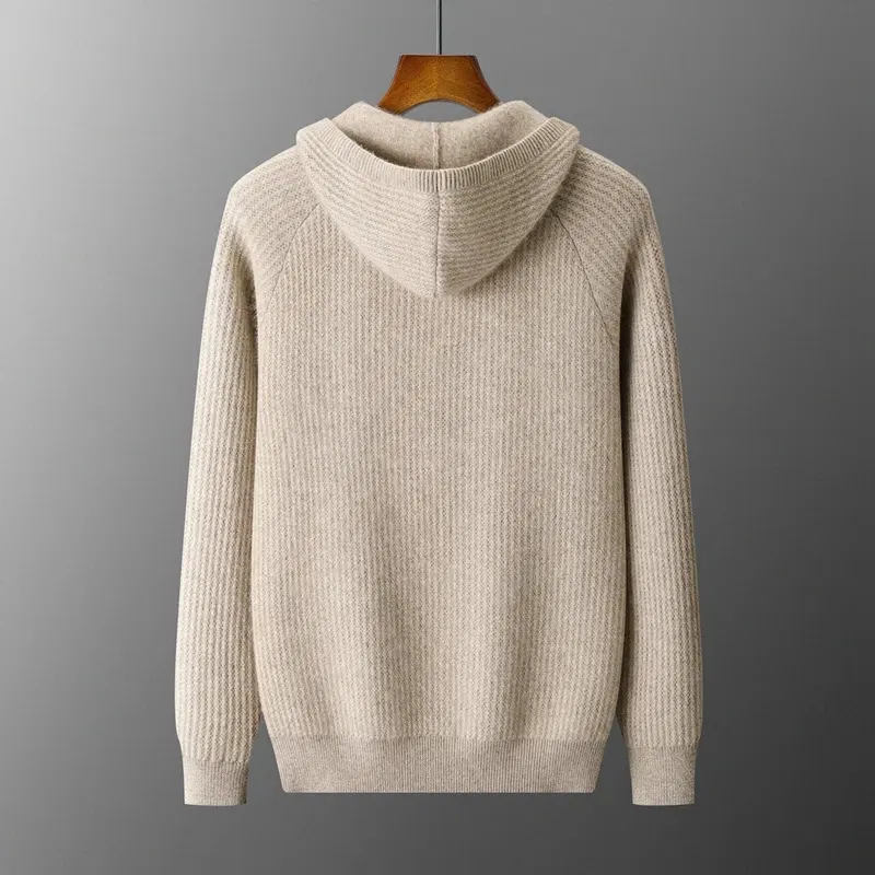 Color: Blue, Size: XXL, Ships From: CHINA - New Product 100% Merino Wool Knitted Cardigan For Men Hooded Sweater Casual High-end Jacket Men's long Sleeved Wool Sweater Coat