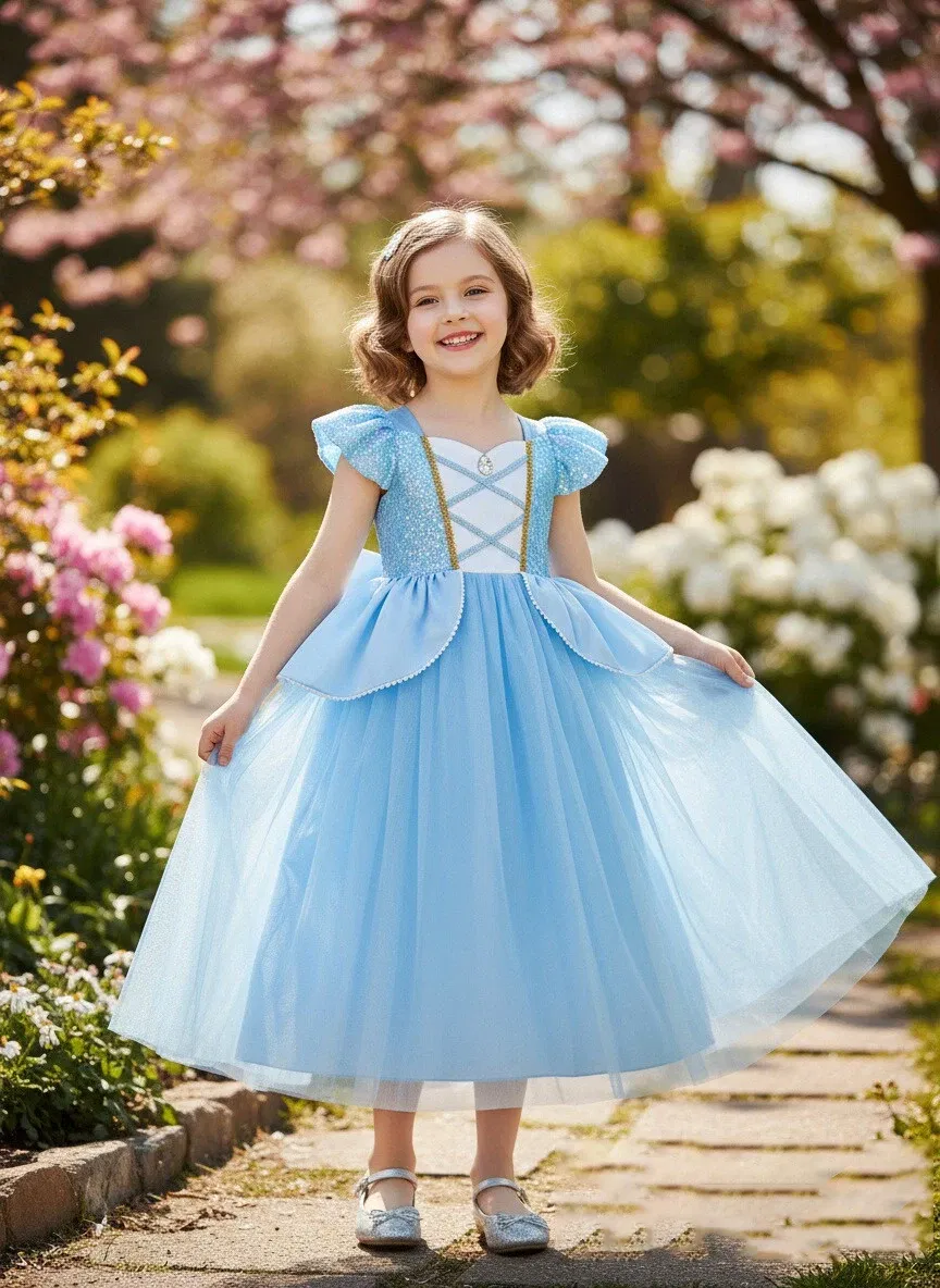 Color: Blue, Kid Size: 5 - Disney Deluxe Elegant Rapunzel Princess Ball Gown Fancy Birthday Party Dress Cinderella Vestidos Costume Play Carnival Apparel
