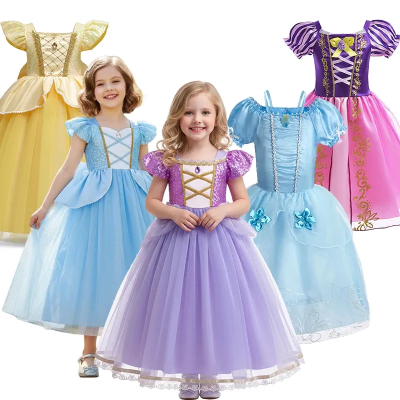 Color: Blue, Kid Size: 5 - Disney Deluxe Elegant Rapunzel Princess Ball Gown Fancy Birthday Party Dress Cinderella Vestidos Costume Play Carnival Apparel