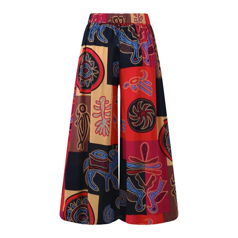 Color: Red, Size: M - Ethnic Style Wide Leg Trousers Women Yoga Harem Pants Gypsy Hippie Thai Boho Court Pants Ruched Waist Aladdin Women's Pants