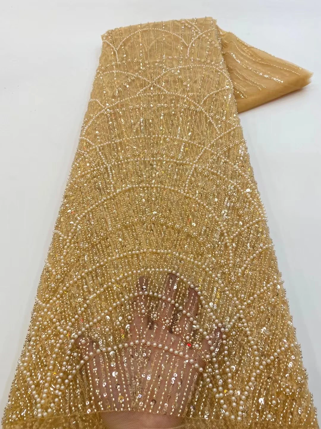 Color: Pink, Width: 120cm, Length: 5 yards - Wholesale African Sequins Lace Fabric  French Embroidery High Quality Luxury Heavy Beaded Bridal Wedding Lace 5 yards