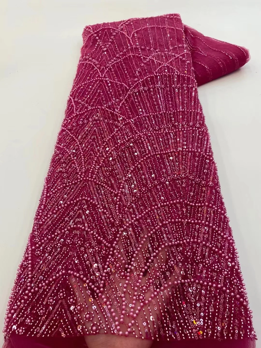 Color: Pink, Width: 120cm, Length: 5 yards - Wholesale African Sequins Lace Fabric  French Embroidery High Quality Luxury Heavy Beaded Bridal Wedding Lace 5 yards