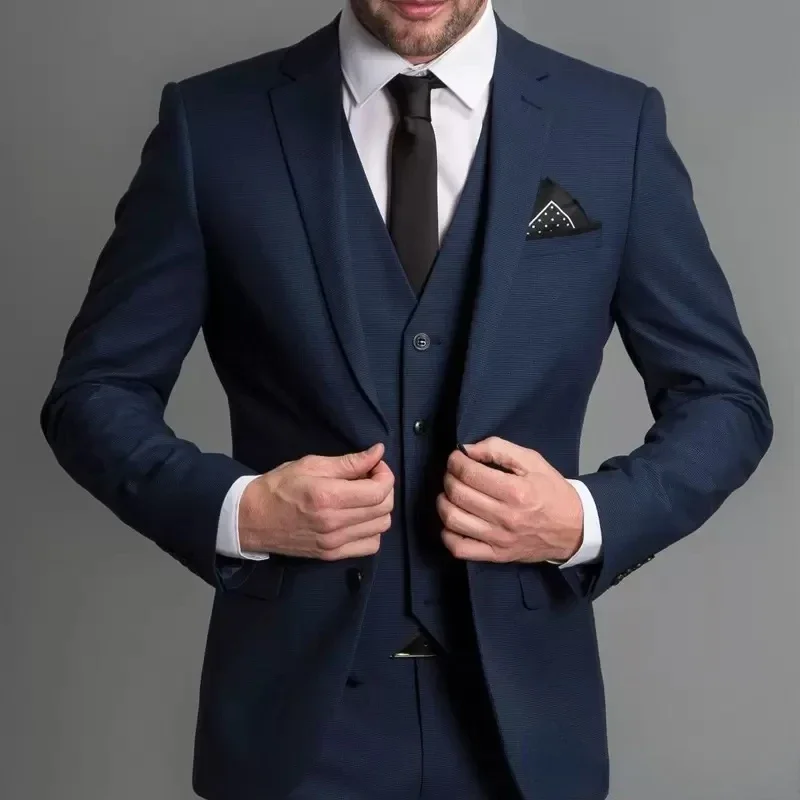 Color: Navy Blue, Size: 6XL - 3 Piece Navy Blue Male Suits Slim fit Notched Lapel  Wedding Tuxedos Sets Tailor Made Business Mens Costume (Blazer+Pants+Vest)