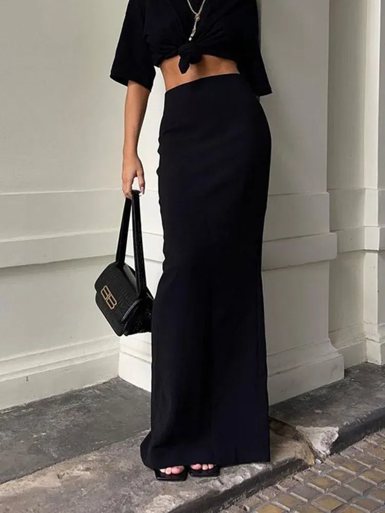 Color: black, Size: M - Fashion For Women Black Long Skirts High Waist Slim Seamless Elegant Ladies Gown Casual Summer 2024 New Female Maxi Skirts