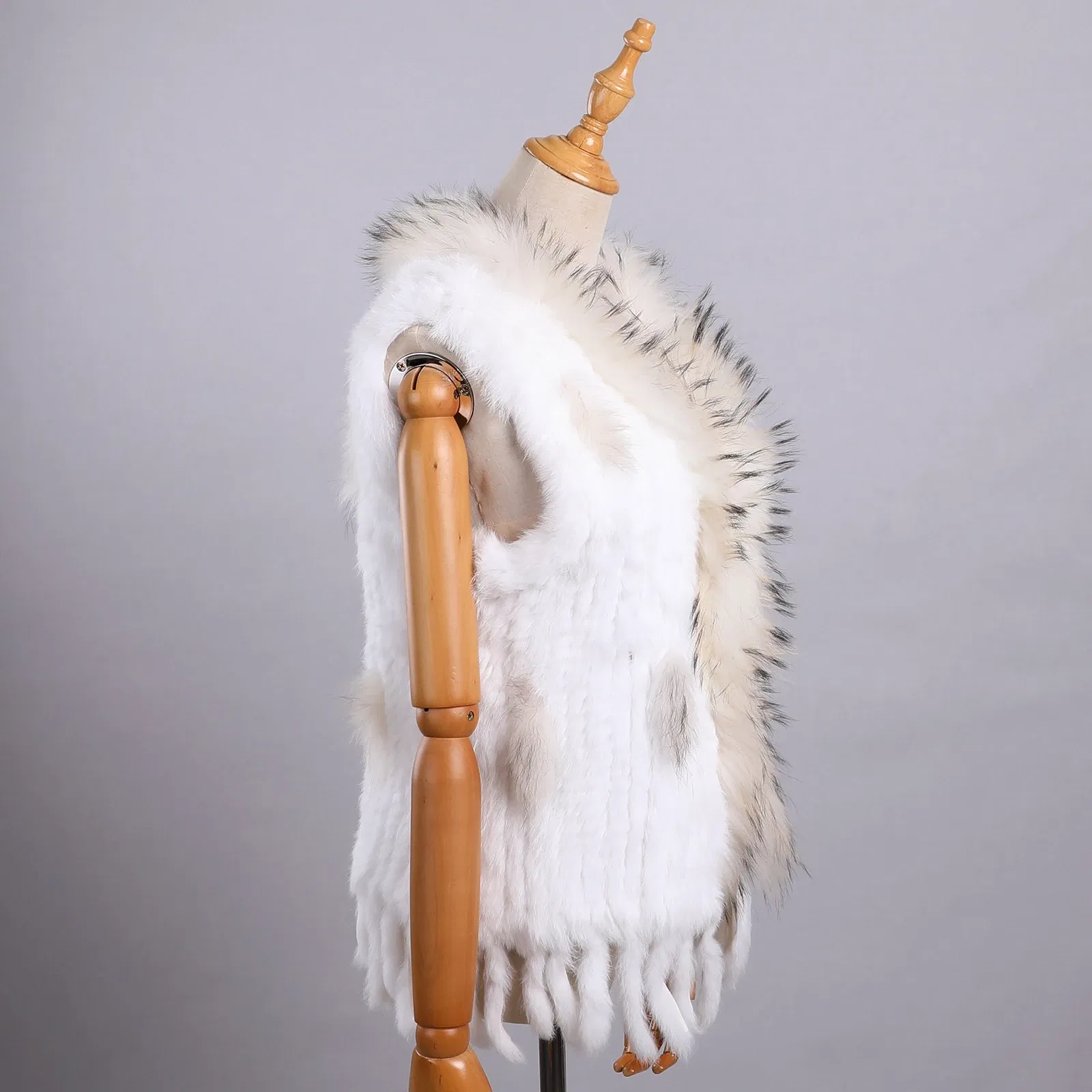 Color: Gold, Size: XXL - Luxury Women's Genuine Premium Long Hair Rabbit Fur Knit Vest Raccoon Fur Trim Gilet Lady Sleeveless Waistcoat Real Fur Jacket
