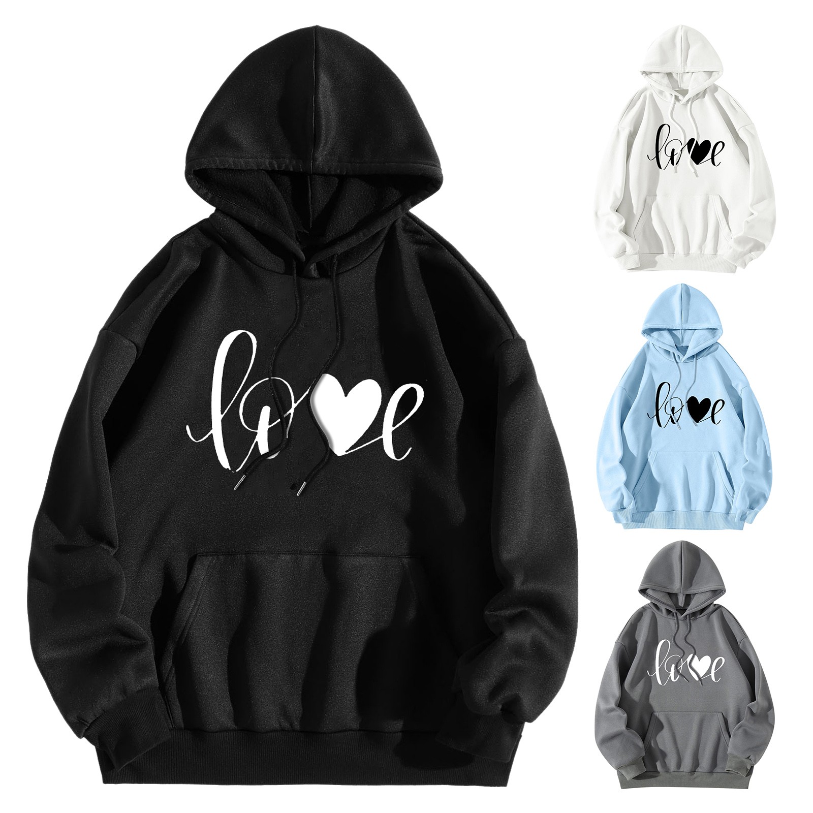 Color: Black, Size: XL, Ships From: spain - Men Women Print Long Sleeve Round Neck Hooded Tops Sweatshirt Hoodies Lightweight