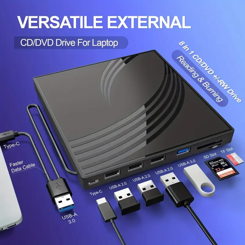 Ultra Slim External CD DVD Drive with USB 3.0 Ports and TF/SD Card Slots