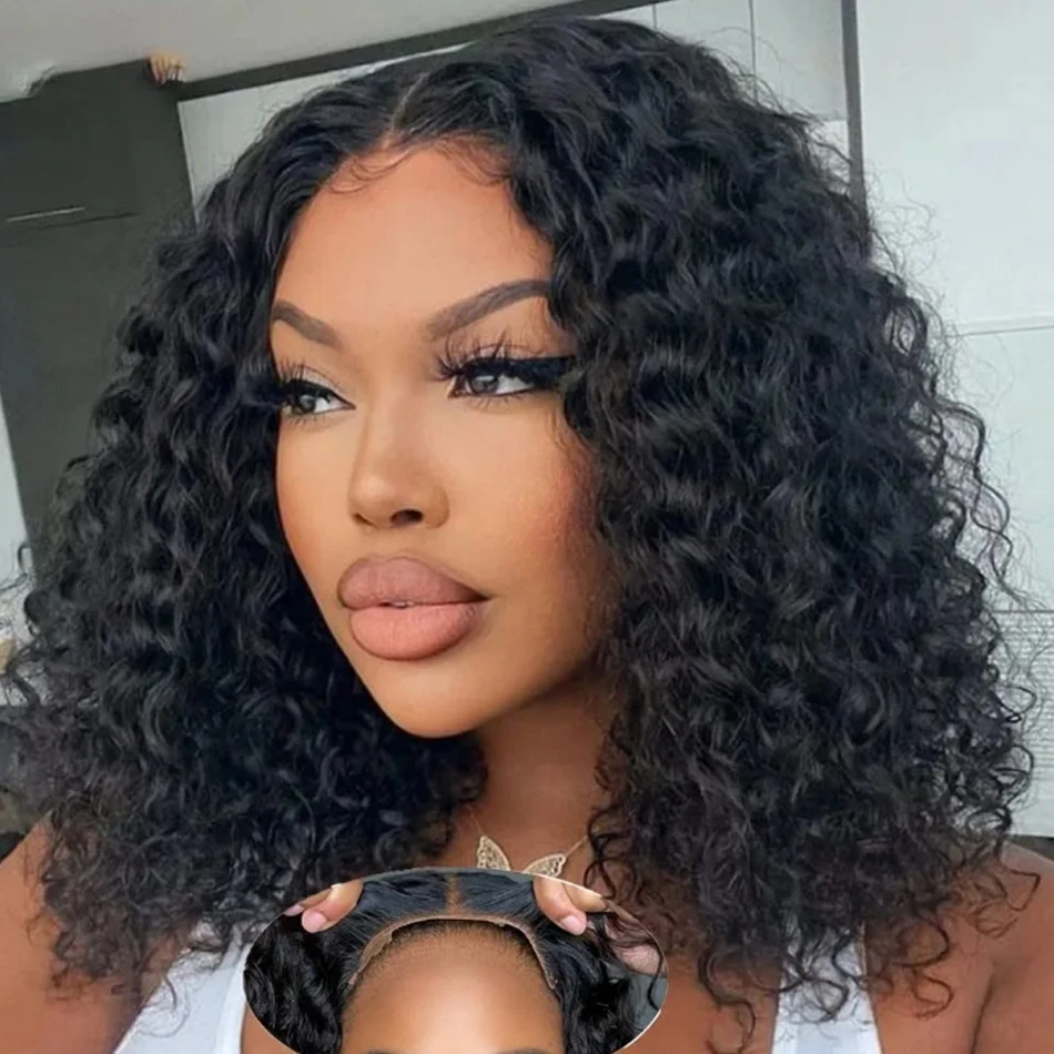 Hair Color: #1, Stretched Length: 10inches - 13X4 Glueless Water Wave Wigs Human Hair Pre Cut Bob Wig Ready To Go 180% Density 4x4 Water Wave Lace Closure Wigs Human Hair