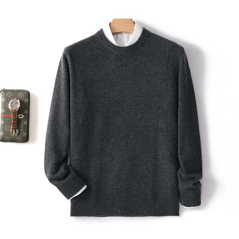 Color: Dark Grey, Size: S, Ships From: CHINA - Men's 100% Pure Wool Cashmere Sweater O-Neck Pullover Knit Sweater Autumn and Winter New Long Sleeve High-End Jumpers Thick Tops